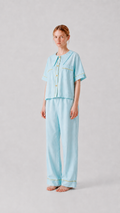 Front view of the PEKGEE Dream Of Tone Solazure Korean cotton linen pyjama set short sleeve long pants.