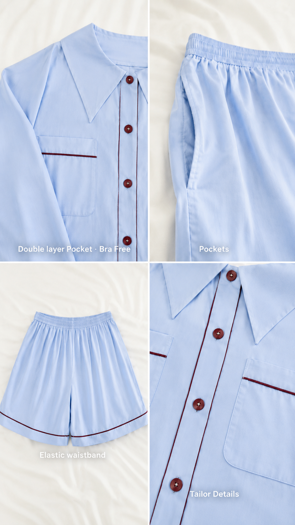 Close-up of the PEKGEE Dream Of Tone Silent Flame pyjama set showcasing the double-layer bra-free friendly pocket, functional pants pockets, comfortable back elastic waistband, premium Korean cotton linen fabric, and tailored stitching details.