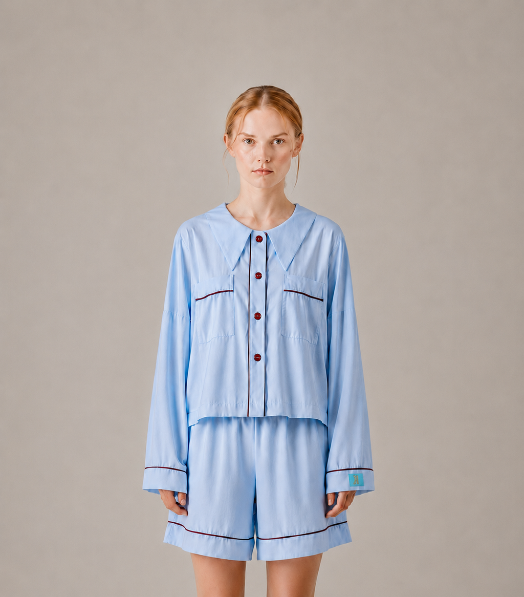 front view Woman wearing the PEKGEE Dream Of Tone Silent Flame Korean cotton linen pyjama set long sleeve short pants.
