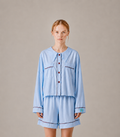 front view Woman wearing the PEKGEE Dream Of Tone Silent Flame Korean cotton linen pyjama set long sleeve short pants.