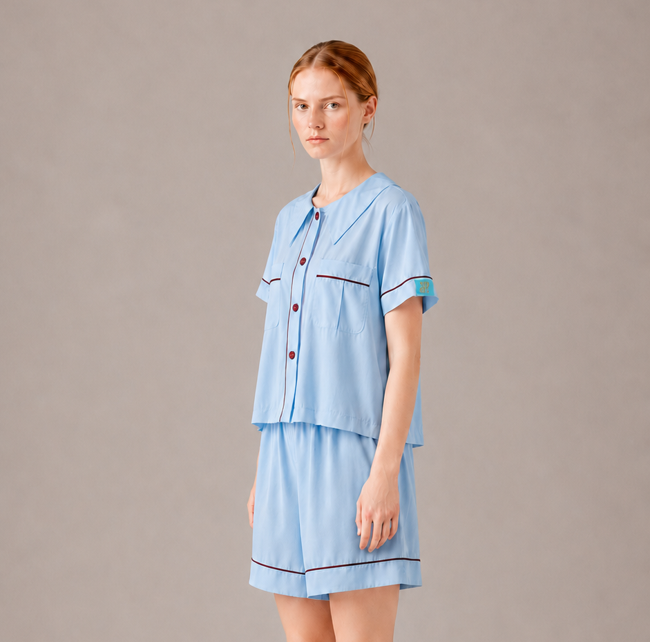 Side view of the PEKGEE Dream Of Tone Silent Flame Korean cotton linen pyjama set short sleeve short pants.