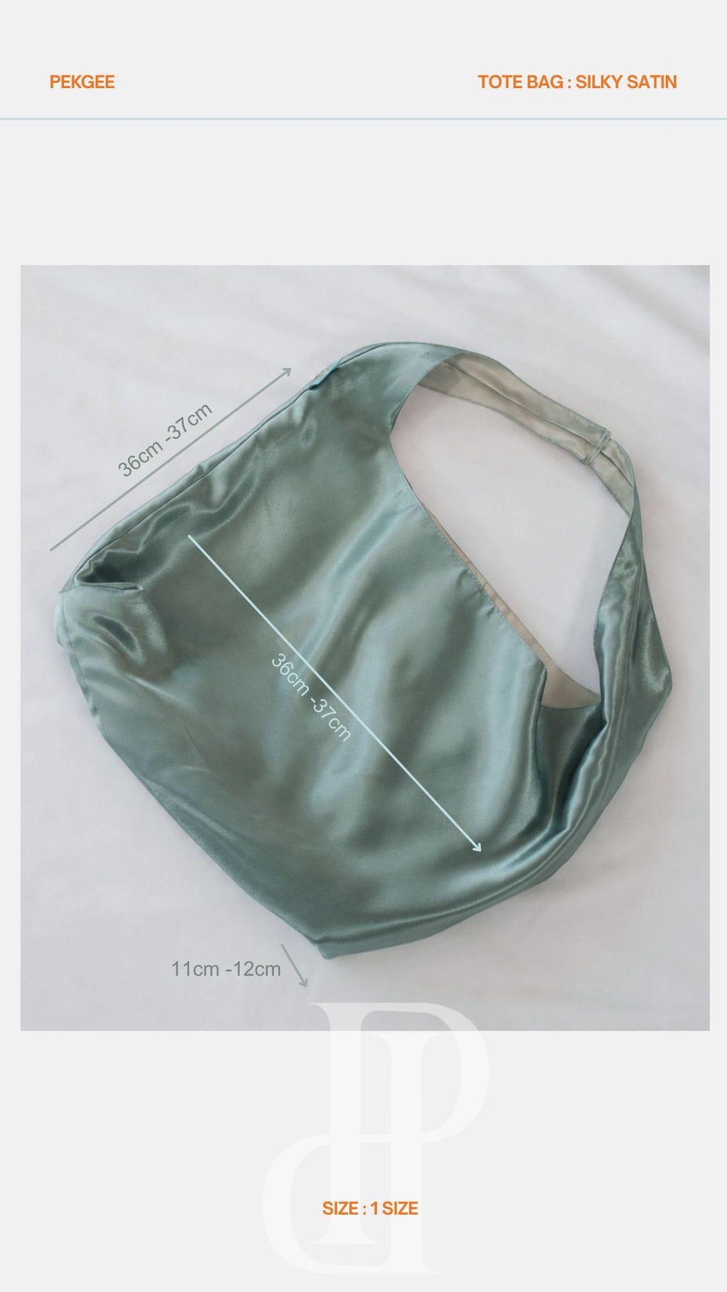 Measurement guide for the PEKGEE FairyTale Tote Bag showing the bag's height, width, depth, and handle drop.