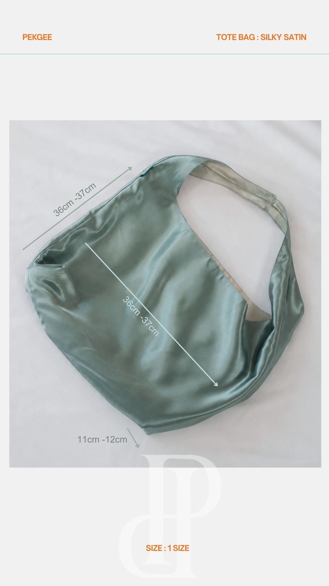 Measurement guide for the PEKGEE FairyTale Tote Bag showing the bag's height, width, depth, and handle drop.