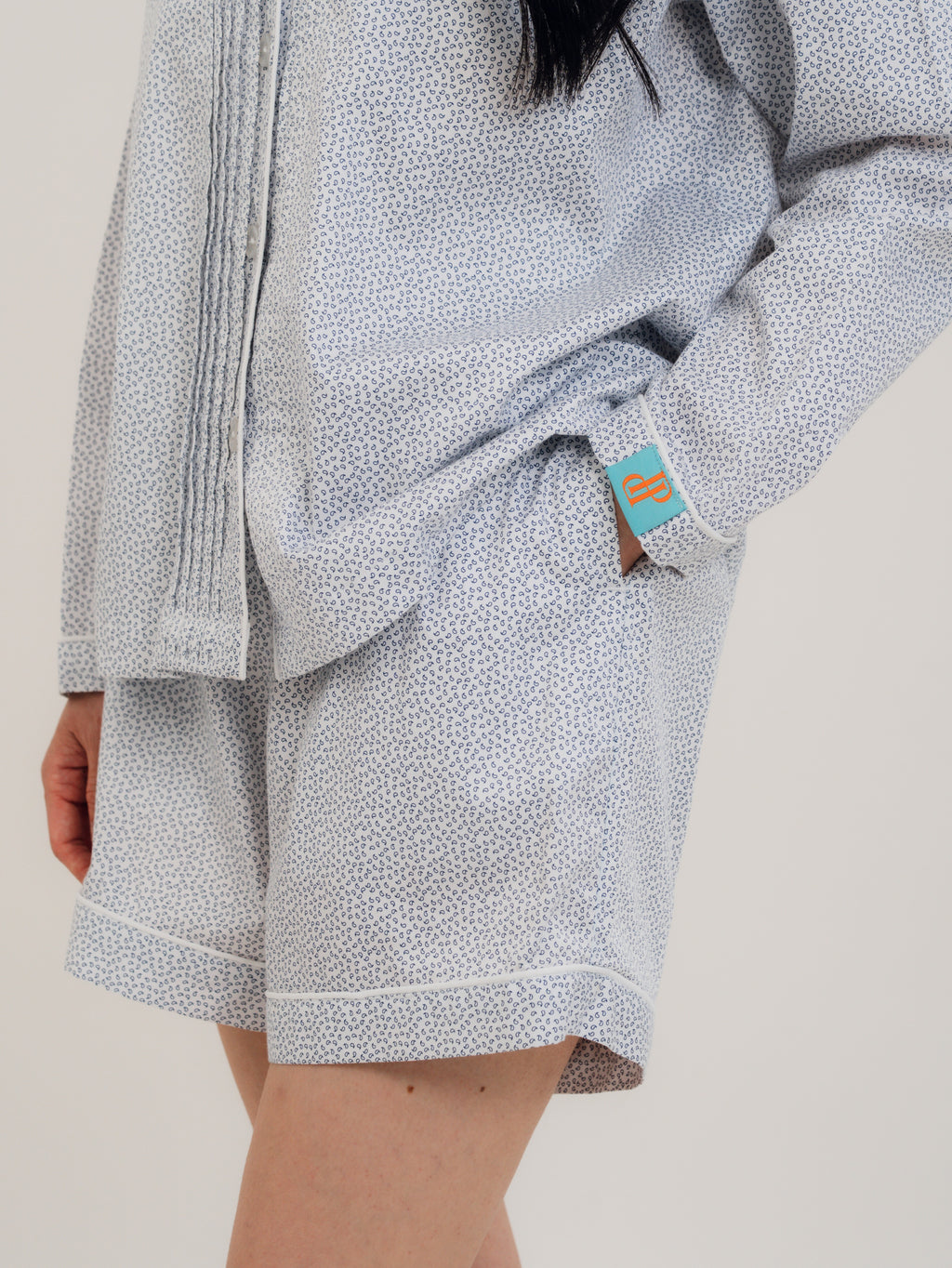 Close-up of the signature sailor collar on the PEKGEE Sailorette pyjama set. Double-layer bra-free friendly front pocket detail on the PEKGEE Sailorette pyjama set.
