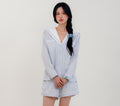 Front View
Woman wearing PEKGEE Sailorette Frosted Petals handmade premium cotton pyjama set.