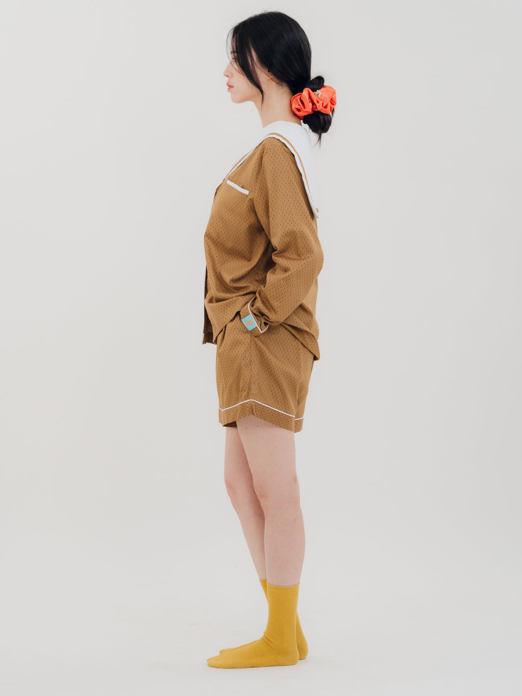 Side view of the PEKGEE Sailorette Golden Hour handmade premium cotton pyjama set.