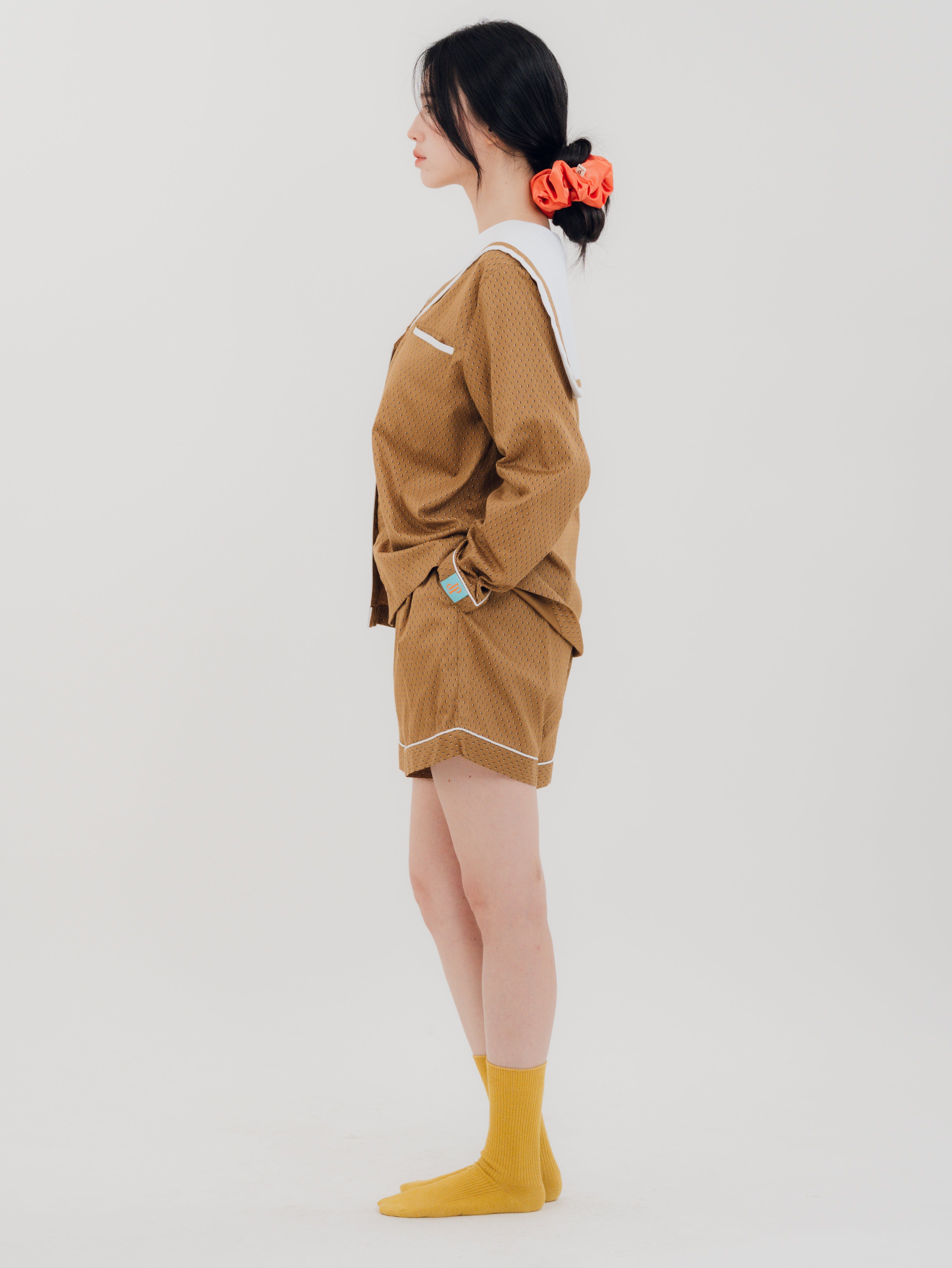 Side view of the PEKGEE Sailorette Golden Hour handmade premium cotton pyjama set.