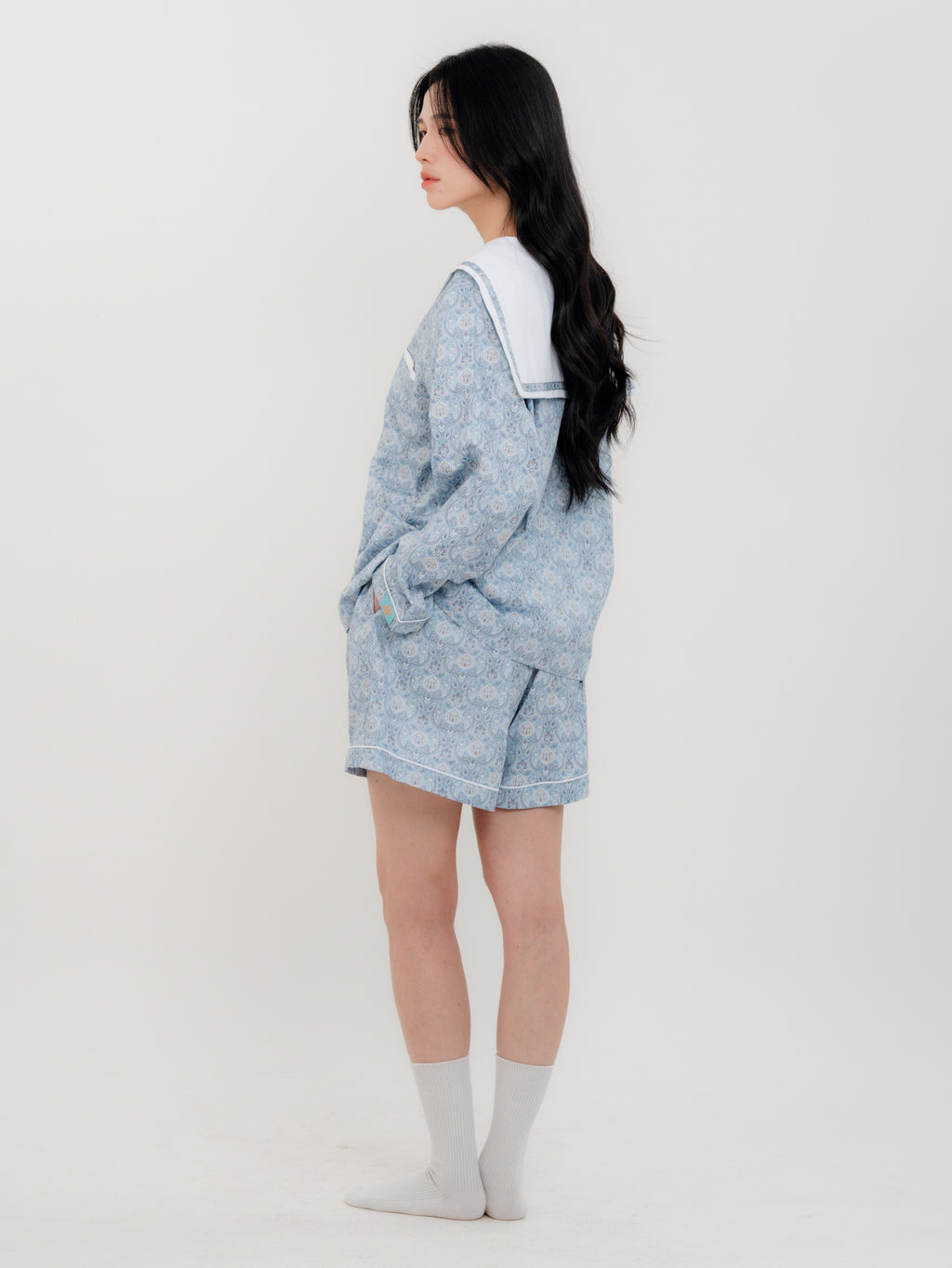 Back view of PEKGEE Sailorette Pastel Mirage handmade pyjama set.