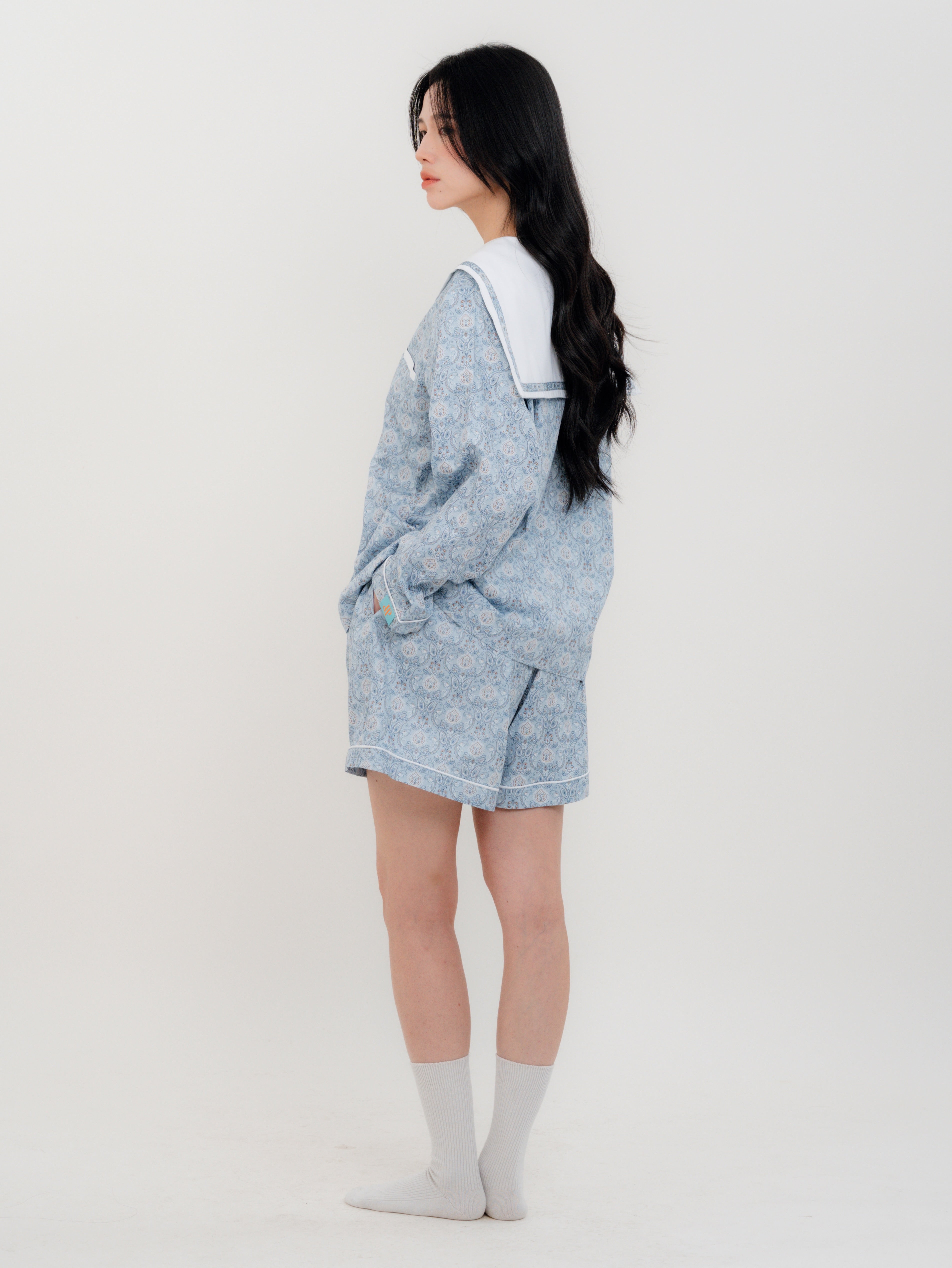 Back view of PEKGEE Sailorette Pastel Mirage handmade pyjama set.