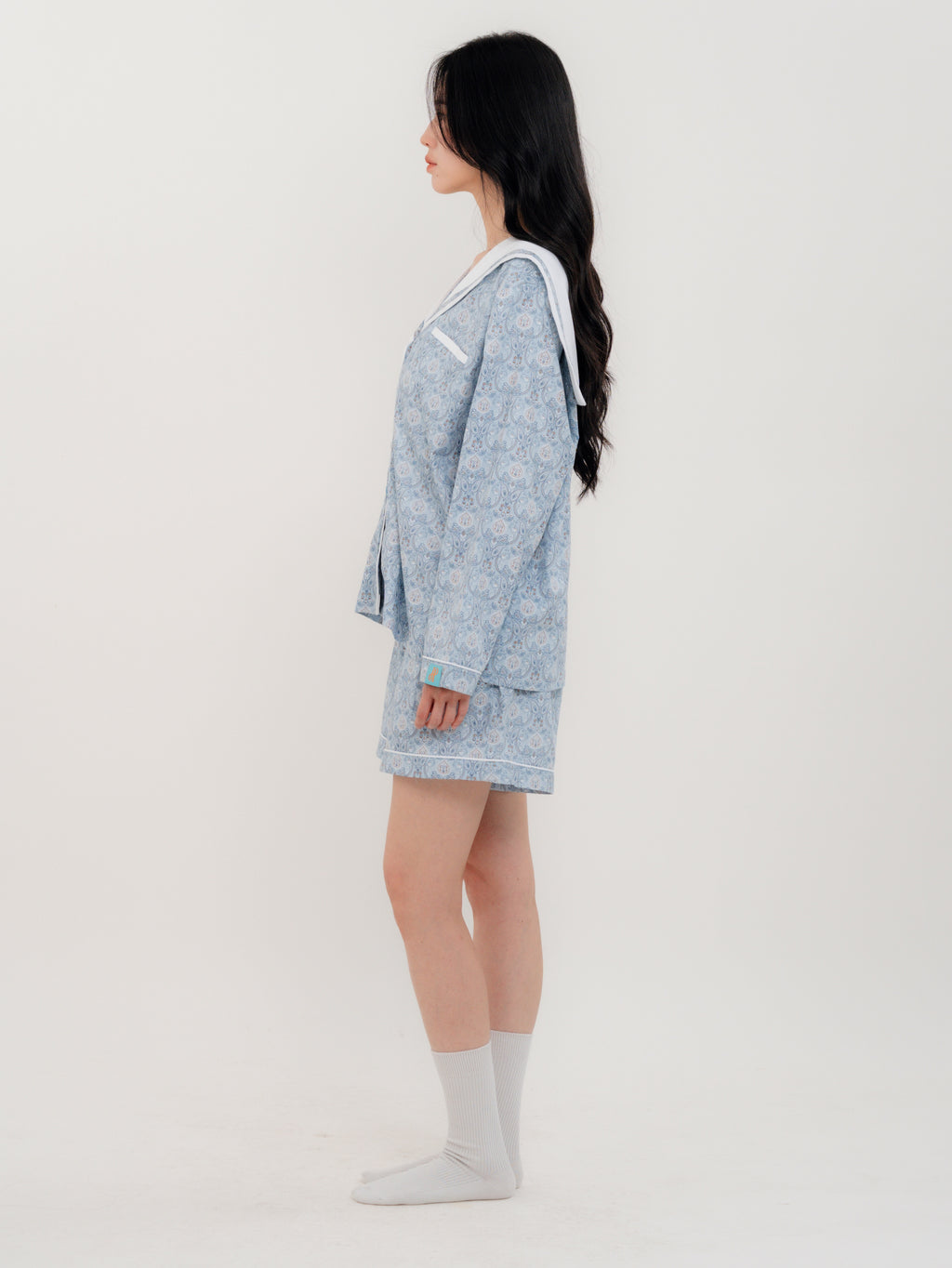 Side view of PEKGEE Sailorette Pastel Mirage pyjama set showing relaxed fit.