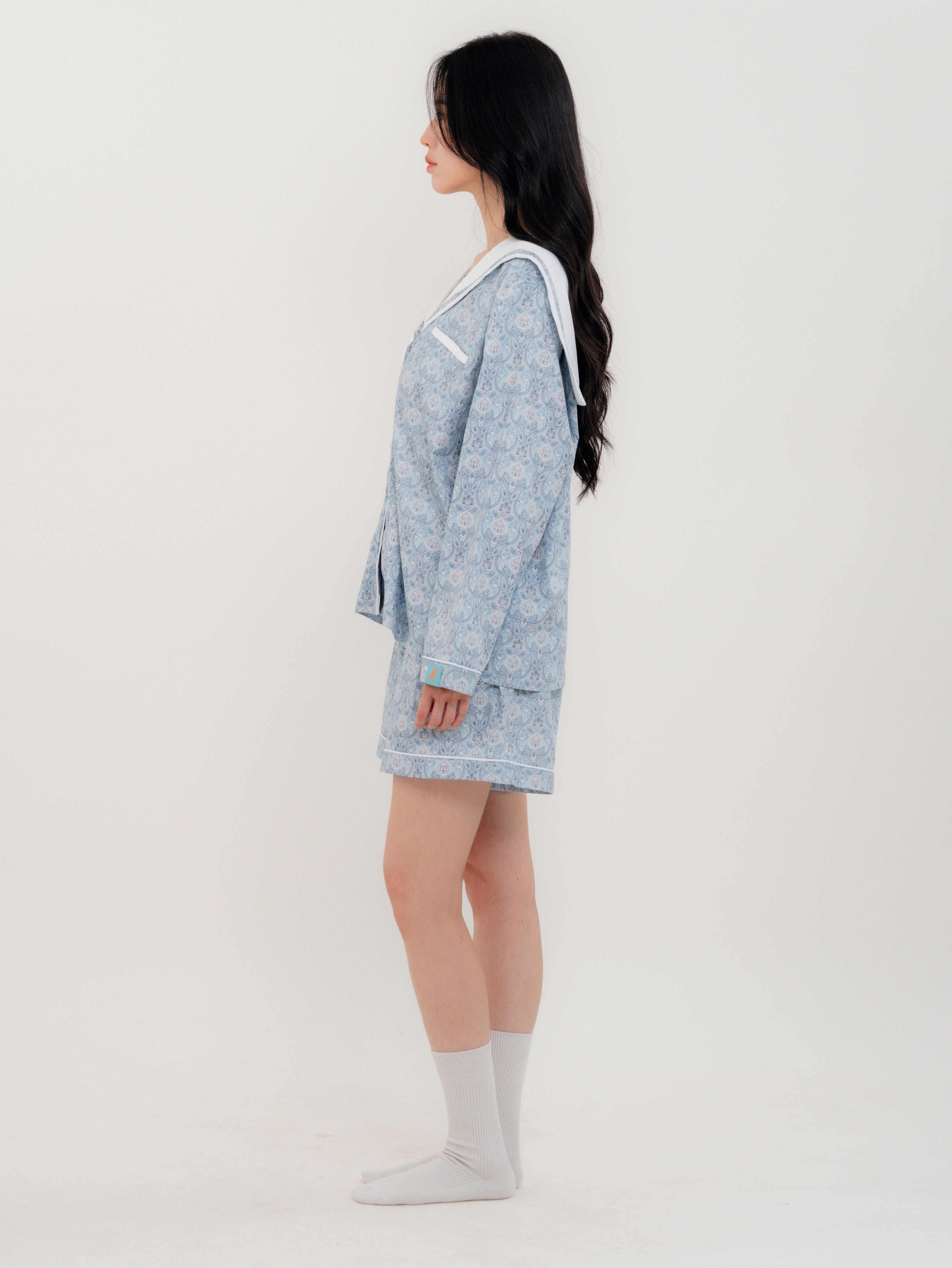 Side view of PEKGEE Sailorette Pastel Mirage pyjama set showing relaxed fit.