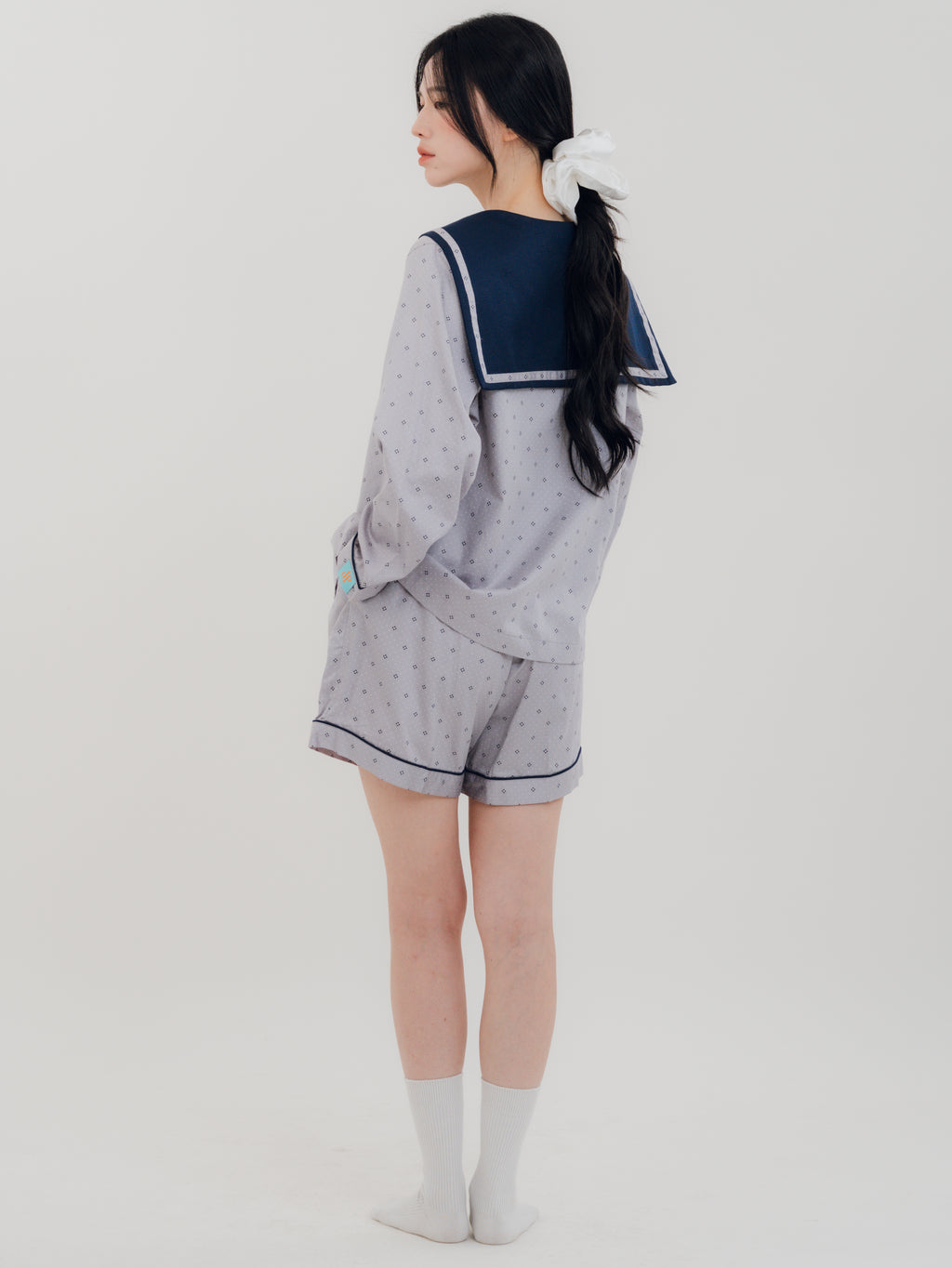Back view of PEKGEE Sailorette Twilight Calm handmade pyjama set.