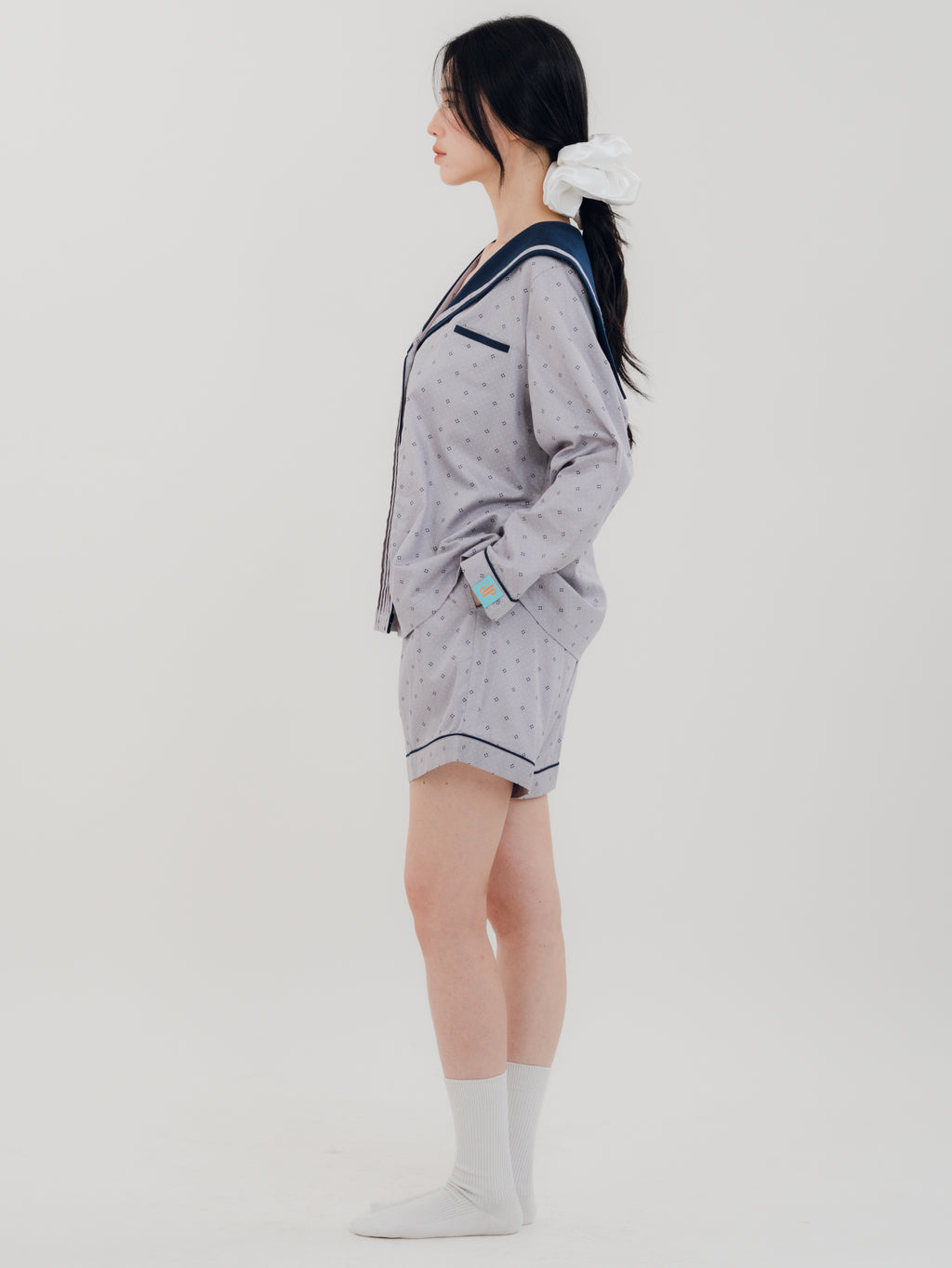 Side view of PEKGEE Sailorette Twilight Calm pyjama set showing relaxed fit.