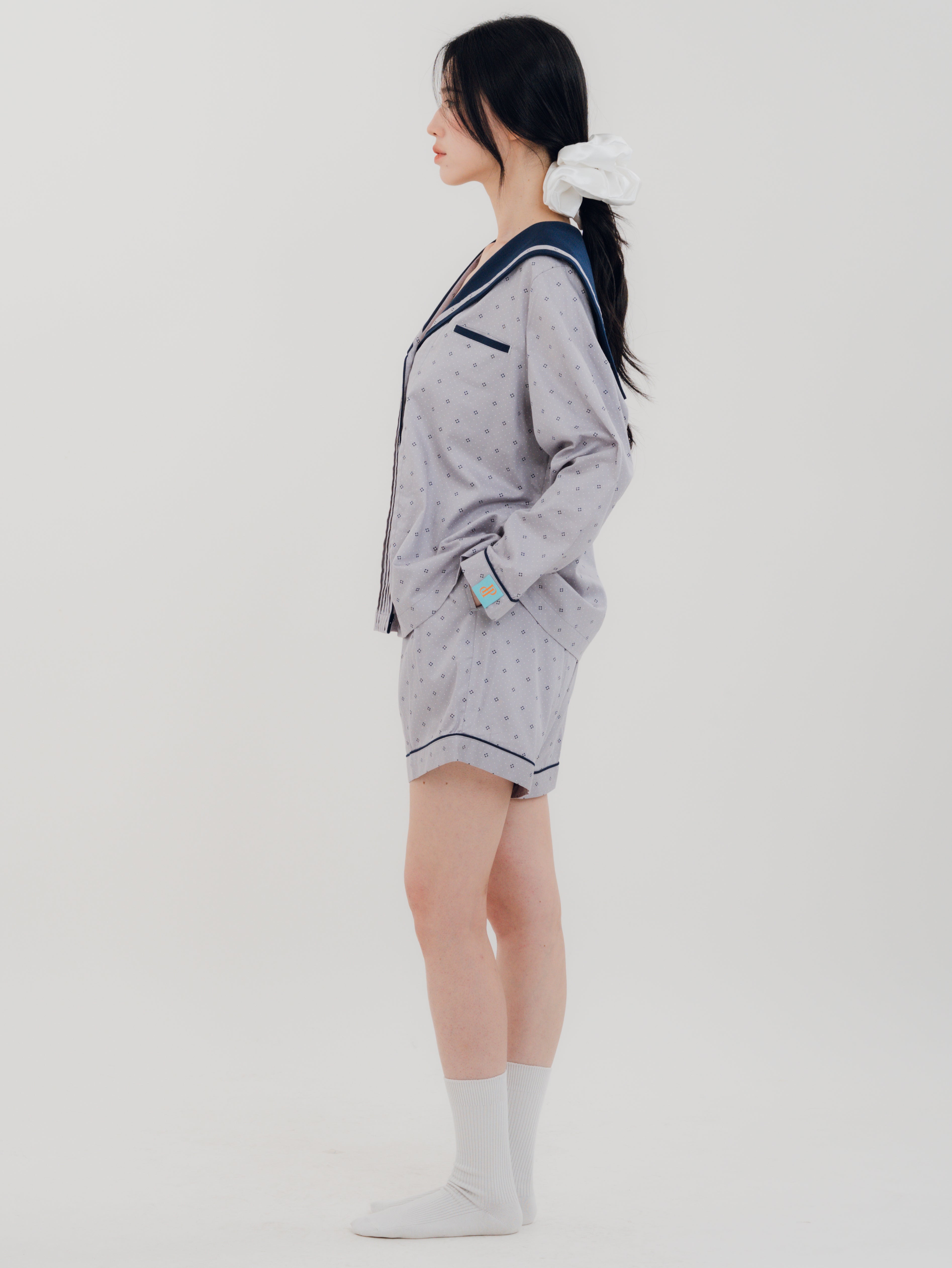 Side view of PEKGEE Sailorette Twilight Calm pyjama set showing relaxed fit.