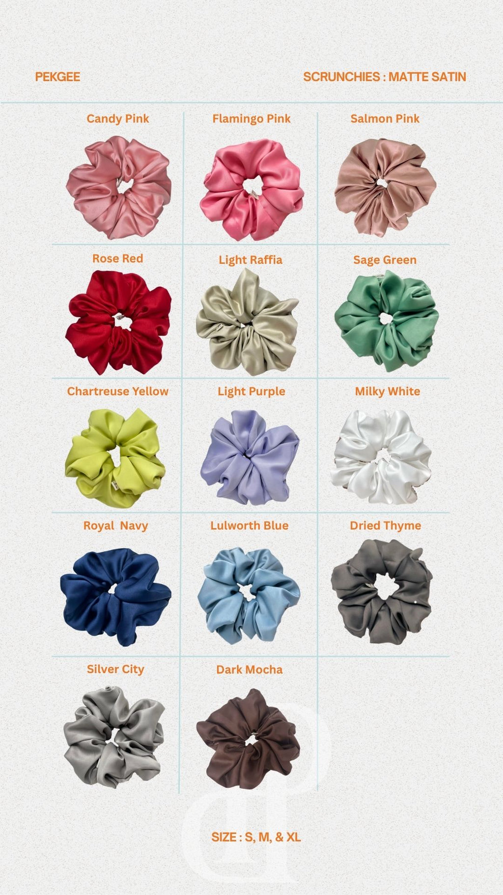Colour options available for the PEKGEE Signature Satin Scrunchies.