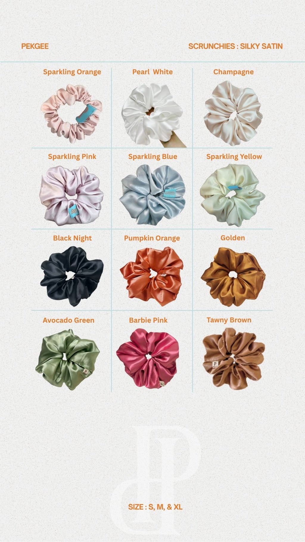 Colour options available for the PEKGEE Signature Satin Scrunchies.