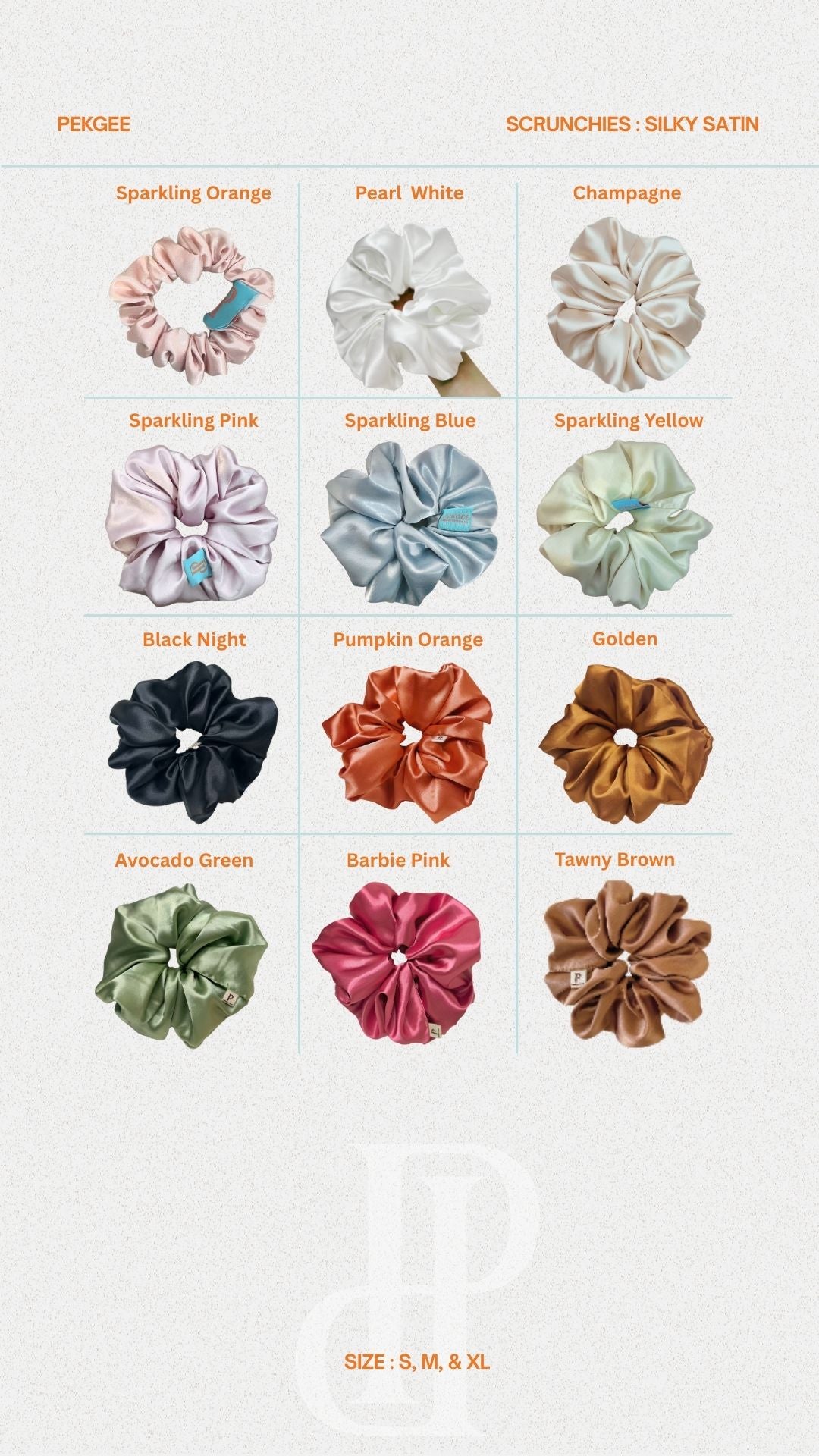 Colour options available for the PEKGEE Signature Satin Scrunchies.