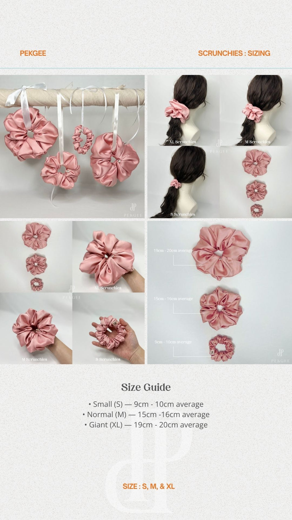 Size comparison of the PEKGEE Signature Satin Scrunchies in Small, Medium, and Giant sizes.