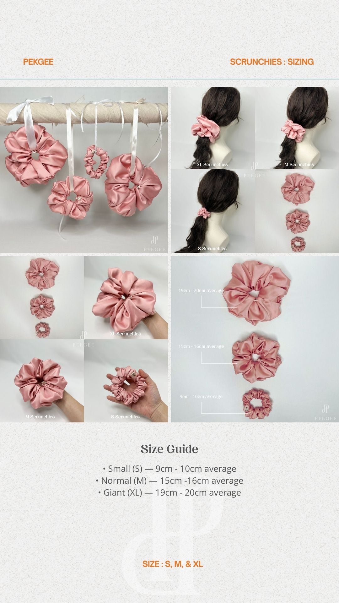 Size comparison of the PEKGEE Signature Satin Scrunchies in Small, Medium, and Giant sizes.