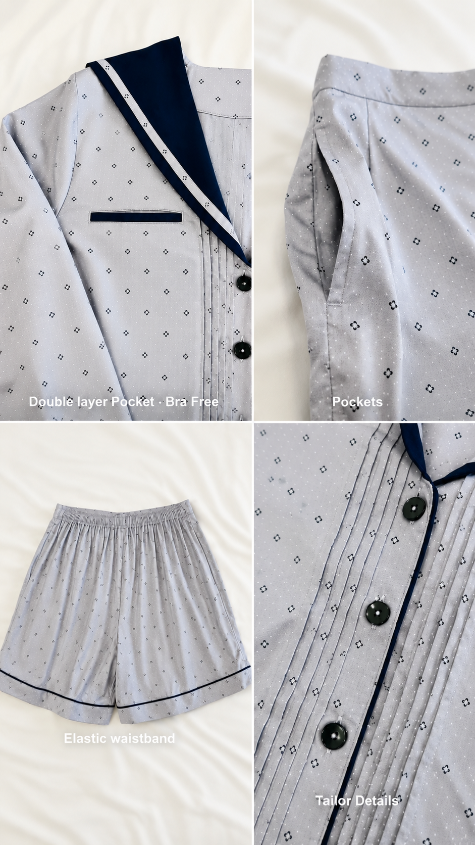 Close-up of the PEKGEE Sailorette pyjama set featuring the signature sailor collar, double-layer bra-free friendly front pocket, functional pants side pocket, comfortable back elastic waistband, and precise tailored stitching details.